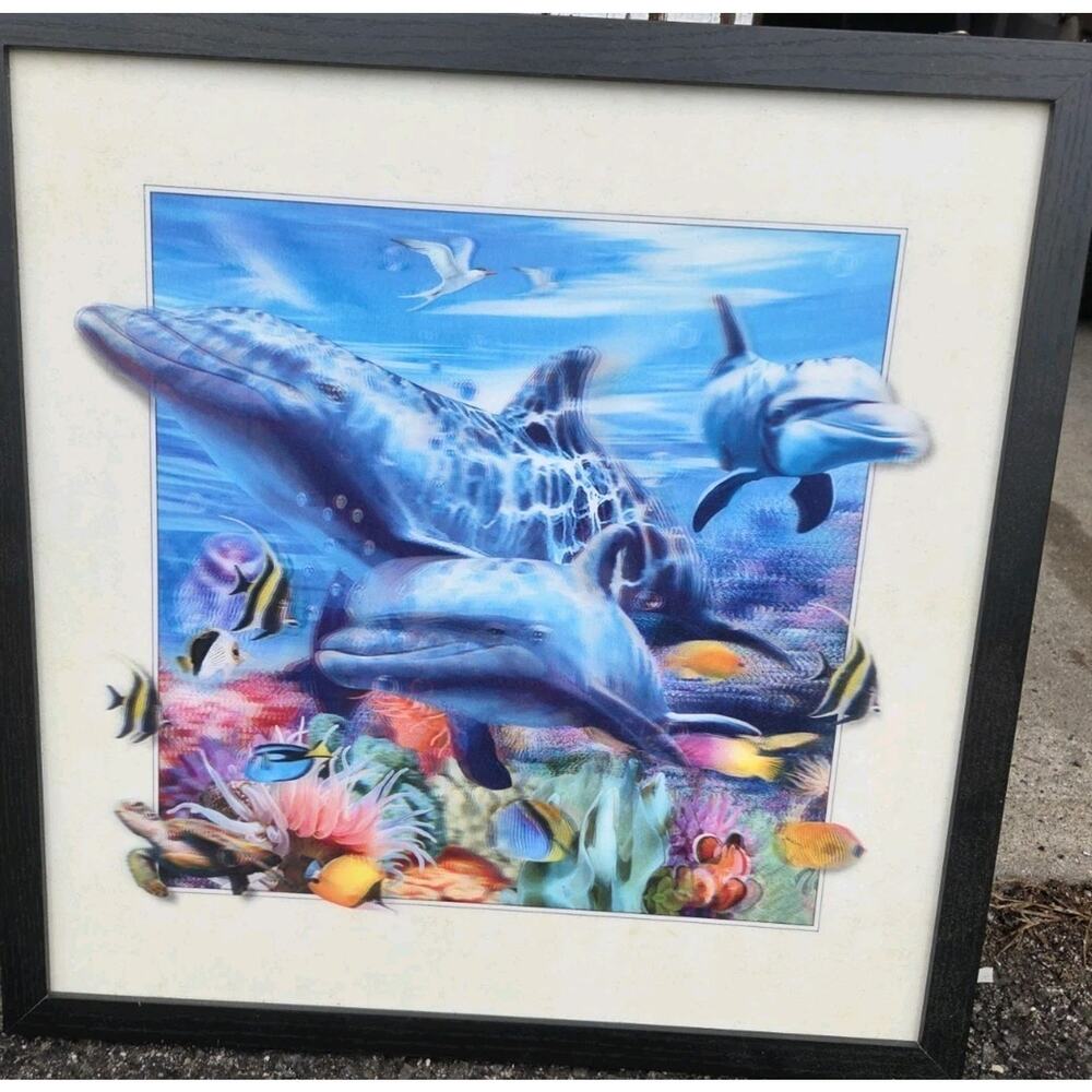 Sea Turtle Dolphins Fish Bird Ocean 3D Lenticular Holographic Wall Art Decor